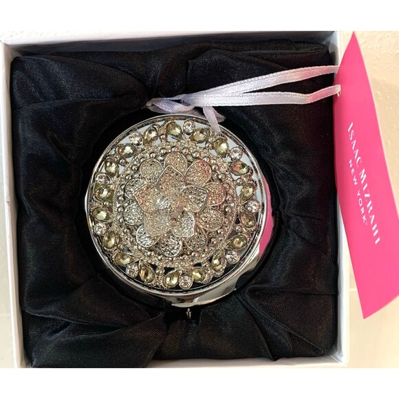 ISAAC MIZRAHI Silver 2D Jeweled Flower Compact Mirror New in Box - Picture 3 of 7